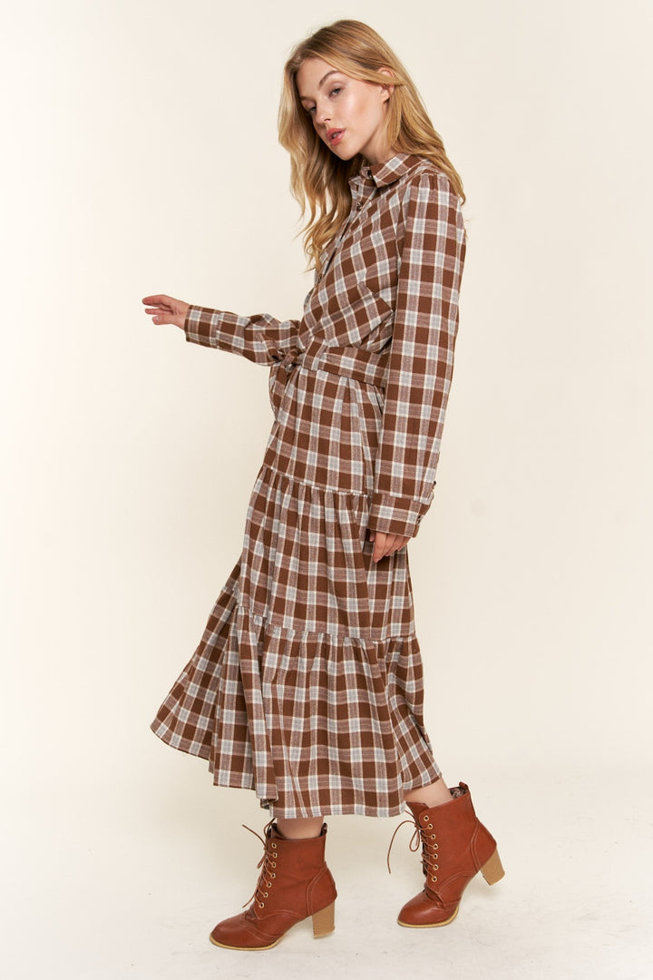 And the Why Plaid Tiered Midi Shirt Dress Trendsi