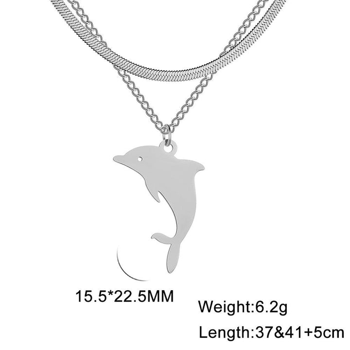 Unift Double Layer Stainless Steel Necklace For Woman Snake Chain Animal Bear Fox Dolphin Dog Pendant Fashion Jewelry Accessory - Super Amazing Store