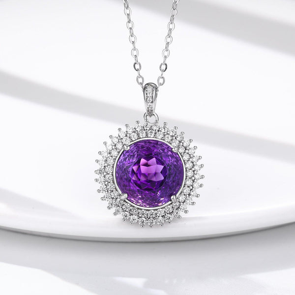 S925 Silver Set Round Bird's Nest Cut Natural Amethyst Necklace - Super Amazing Store