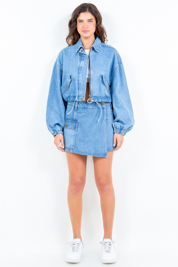 American Bazi Drawstring Waist Crop Denim Jacket Trendsi