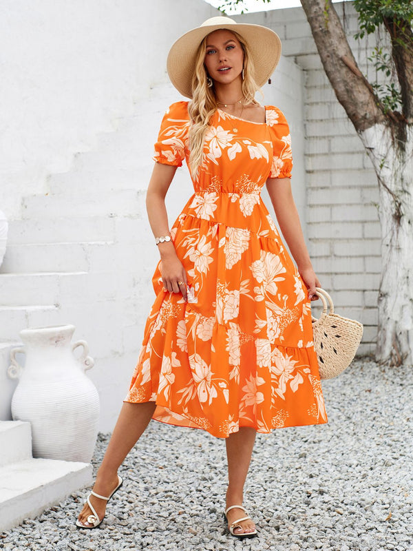 Printed Asymmetric Neck Short Sleeve Midi Dress Trendsi