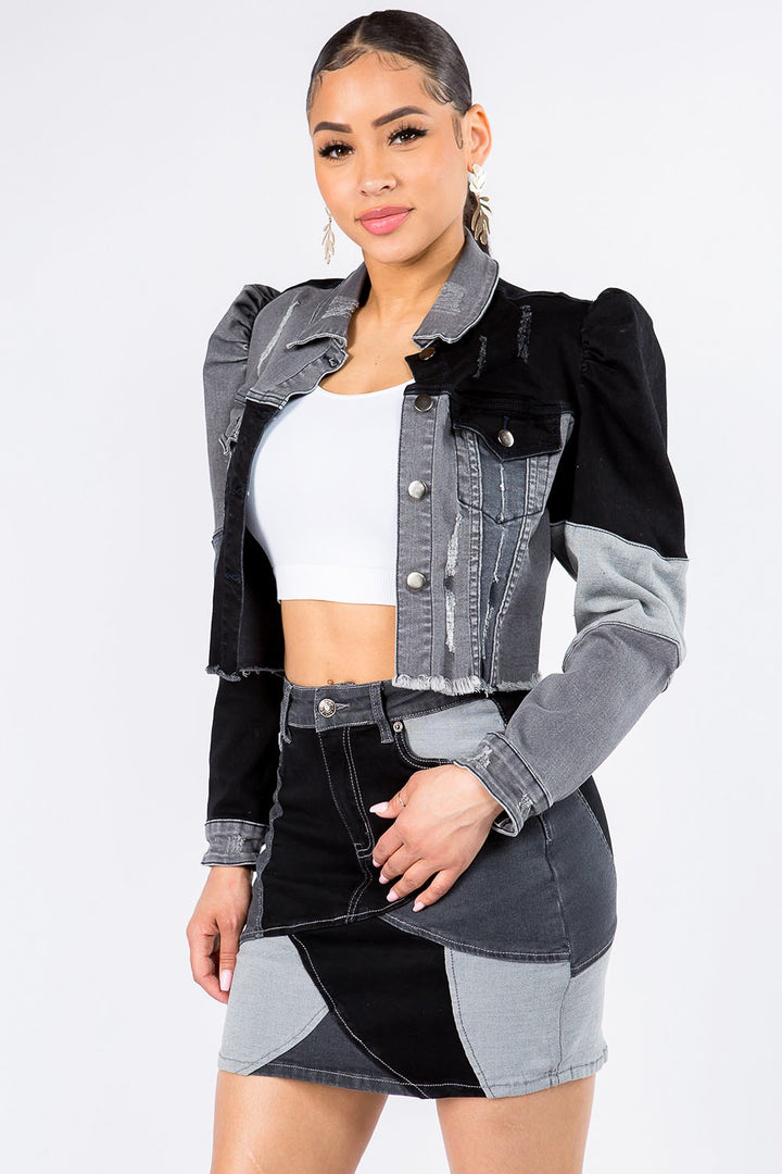 American Bazi Button Up Cropped Patchwork Denim Jacket Trendsi