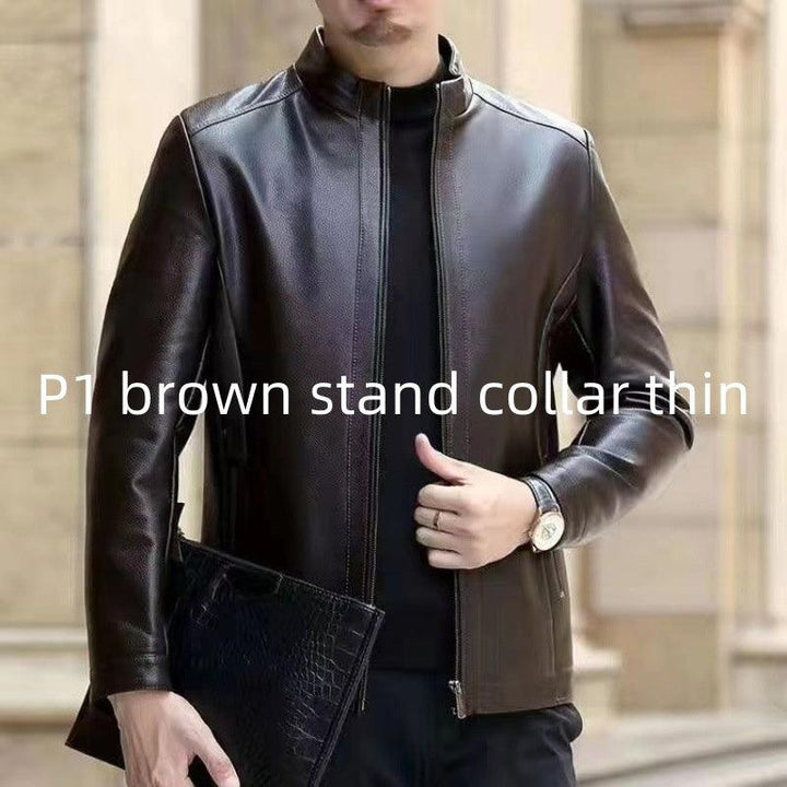 Leather Jacket For Middle-aged Men Leather Clothing With Stand Collar Men Fleece-lined-Super Amazing Store