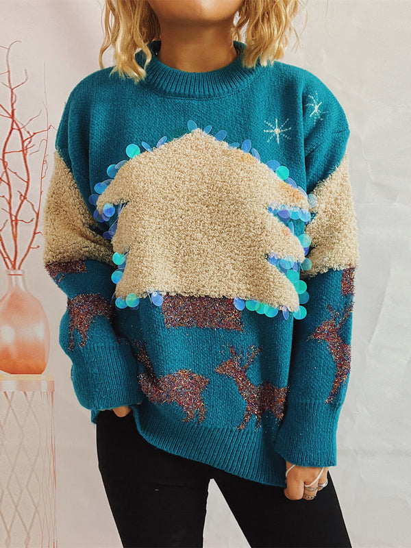 Sequin Christmas Tree & Reindeer Round Neck Sweater Trendsi