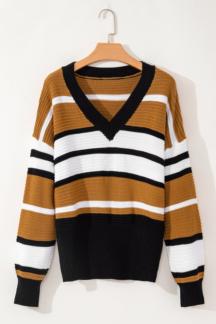 Contrast Stripes V Neck Long Sleeve Sweater Trendsi