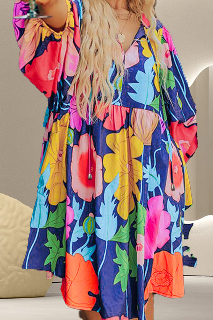 Plus Size Printed Tie Neck Long Sleeve Dress Trendsi