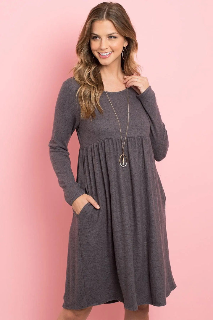 Boat Neck Brushed Hacci Round Hem Dress - Super Amazing Store