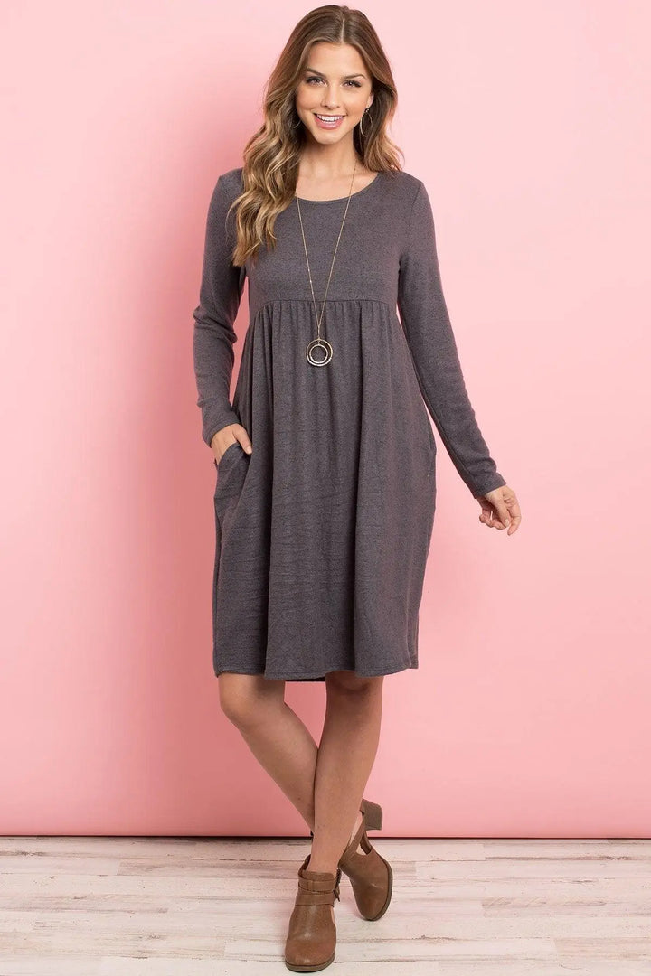 Boat Neck Brushed Hacci Round Hem Dress - Super Amazing Store