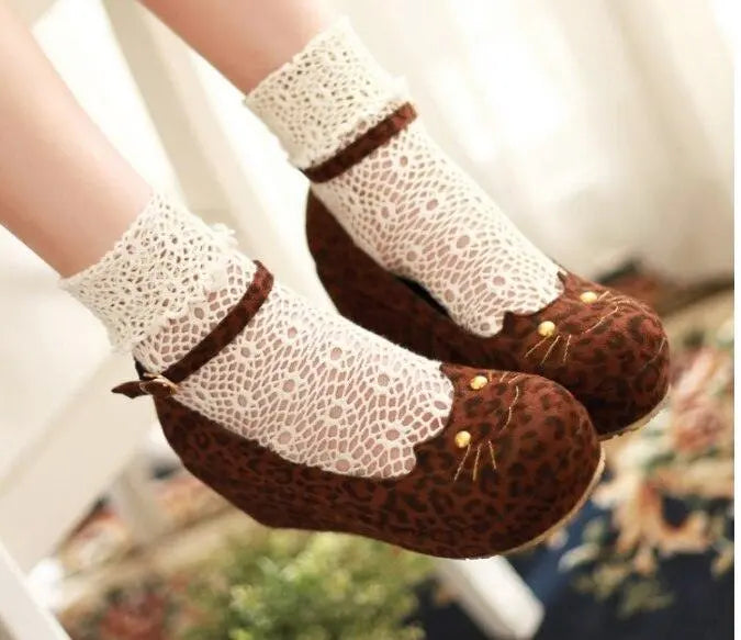 Cat Head Leopard Print Wedge Single Shoes Women Platform Platform Shoes - Super Amazing Store