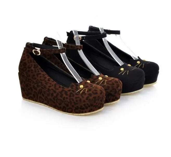 Cat Head Leopard Print Wedge Single Shoes Women Platform Platform Shoes - Super Amazing Store