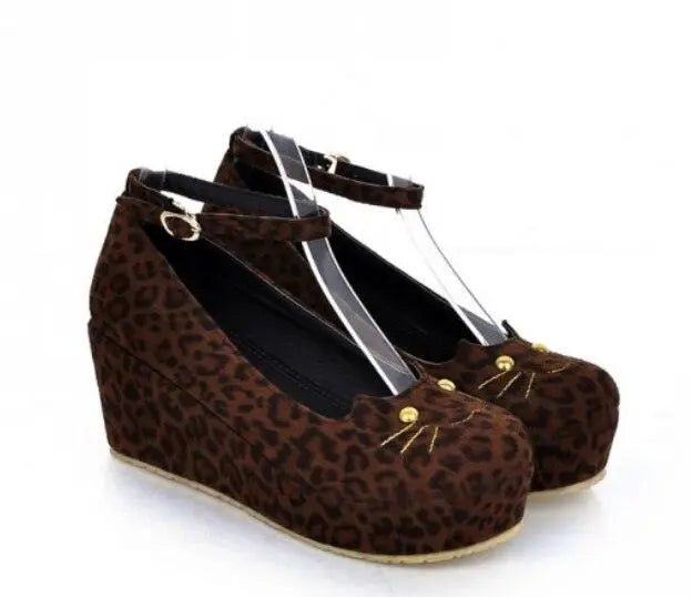 Cat Head Leopard Print Wedge Single Shoes Women Platform Platform Shoes - Super Amazing Store
