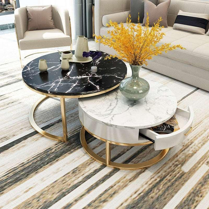 31.5 inch L Modern Nesting Coffee Table Golden Metal Frame with Marble Color Top Round White Faux Marble Dining Table - Super Amazing Store