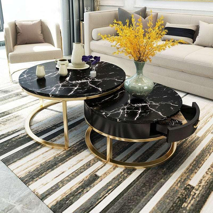 31.5 inch L Modern Nesting Coffee Table Golden Metal Frame with Marble Color Top Round White Faux Marble Dining Table - Super Amazing Store