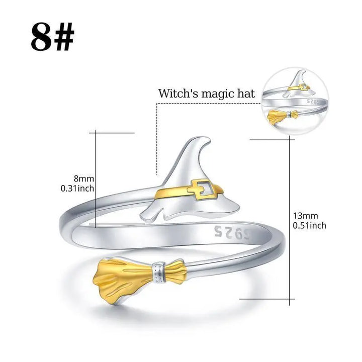 Halloween Ring 925 Sterling Silver Witch Cap Broom Adjustable Ring for Women Halloween Party Decor Open Thumb Rings - Super Amazing Store