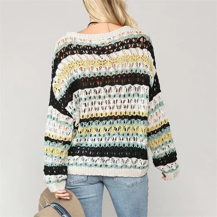 Hollow Knitted Sweater Color Stripe Stitching Round Neck Sweater Women - Super Amazing Store