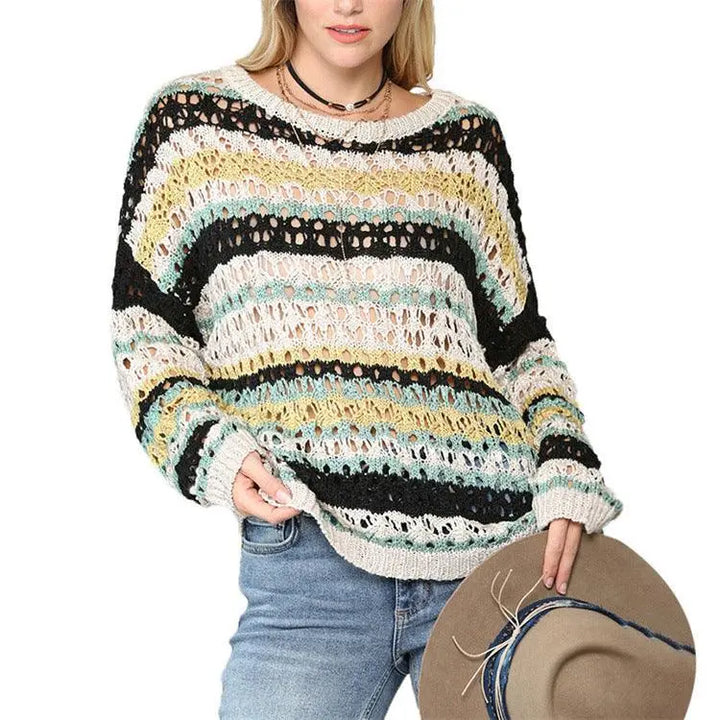 Hollow Knitted Sweater Color Stripe Stitching Round Neck Sweater Women - Super Amazing Store