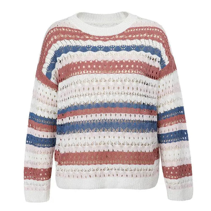 Hollow Knitted Sweater Color Stripe Stitching Round Neck Sweater Women - Super Amazing Store