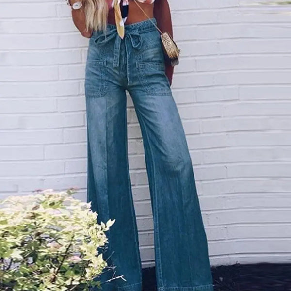 Jeans Lace-up Washed Denim Wide Leg Pants - Super Amazing Store