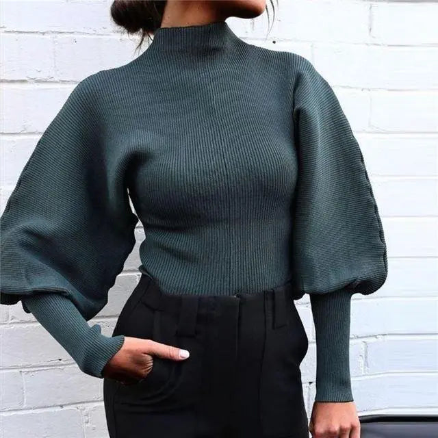 Knitted Pullover Sweaters Lantern Sleeve Black Women Sweater - Super Amazing Store