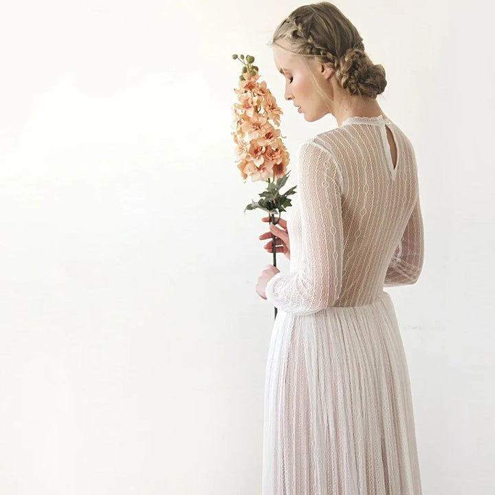 Modest Lace Wedding Dress, Gentle Stripes Pattern Maxi Dress 1209 - Super Amazing Store