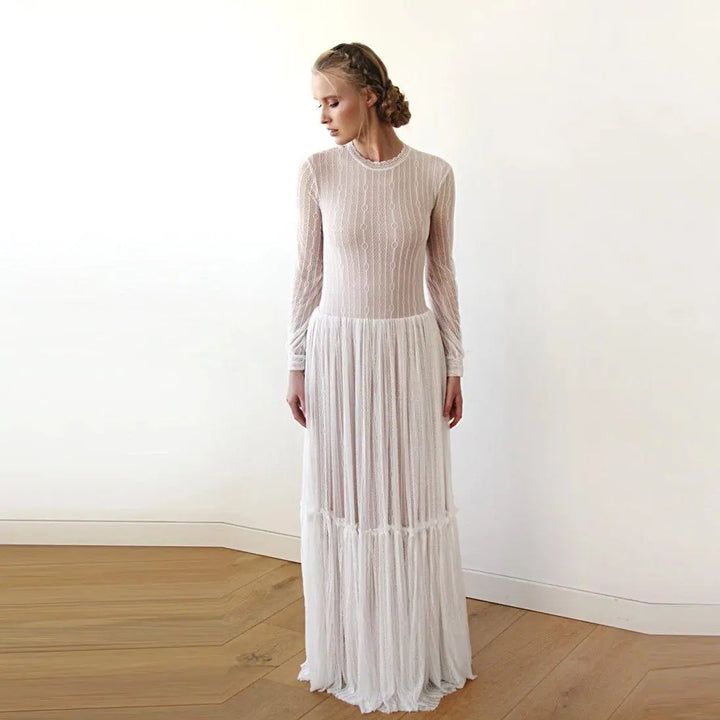 Modest Lace Wedding Dress, Gentle Stripes Pattern Maxi Dress 1209 - Super Amazing Store