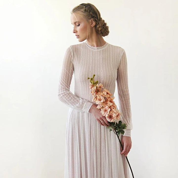 Modest Lace Wedding Dress, Gentle Stripes Pattern Maxi Dress 1209 - Super Amazing Store