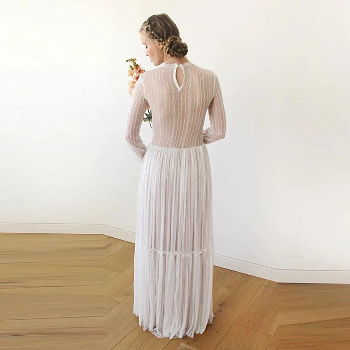 Modest Lace Wedding Dress, Gentle Stripes Pattern Maxi Dress 1209 - Super Amazing Store