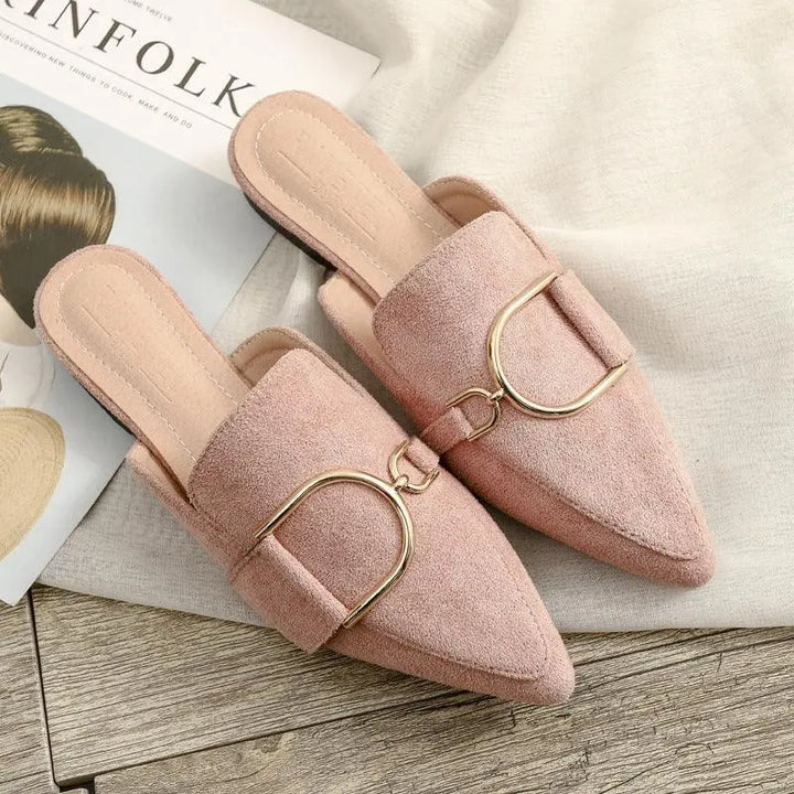 Mules for Women Flat Spring Summer Square Toe Leather Slip On Backless Comfortable Low Heel Slipper Shoes Ladies Loafers - Super Amazing Store