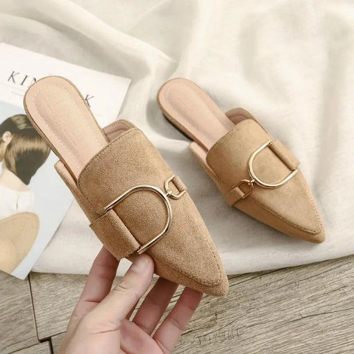 Mules for Women Flat Spring Summer Square Toe Leather Slip On Backless Comfortable Low Heel Slipper Shoes Ladies Loafers - Super Amazing Store