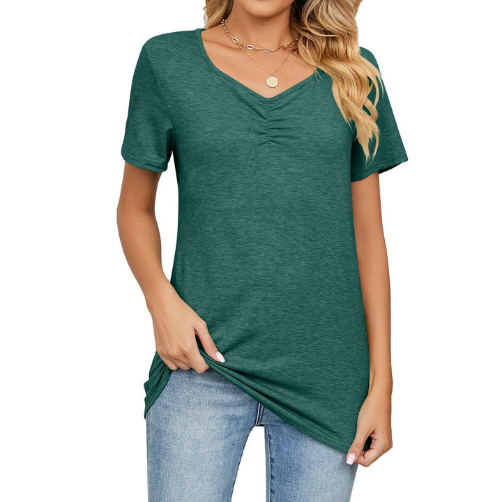 Women's Fashion V-neck Pleated Casual Solid Color Loose T-shirt - Super Amazing Store