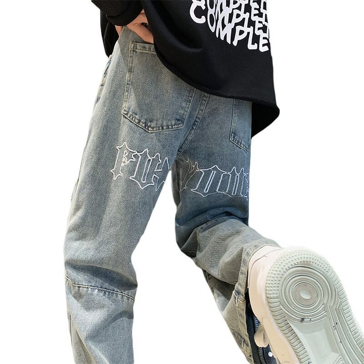 Men's Letter Embroidery Loose Straight Pants Q2