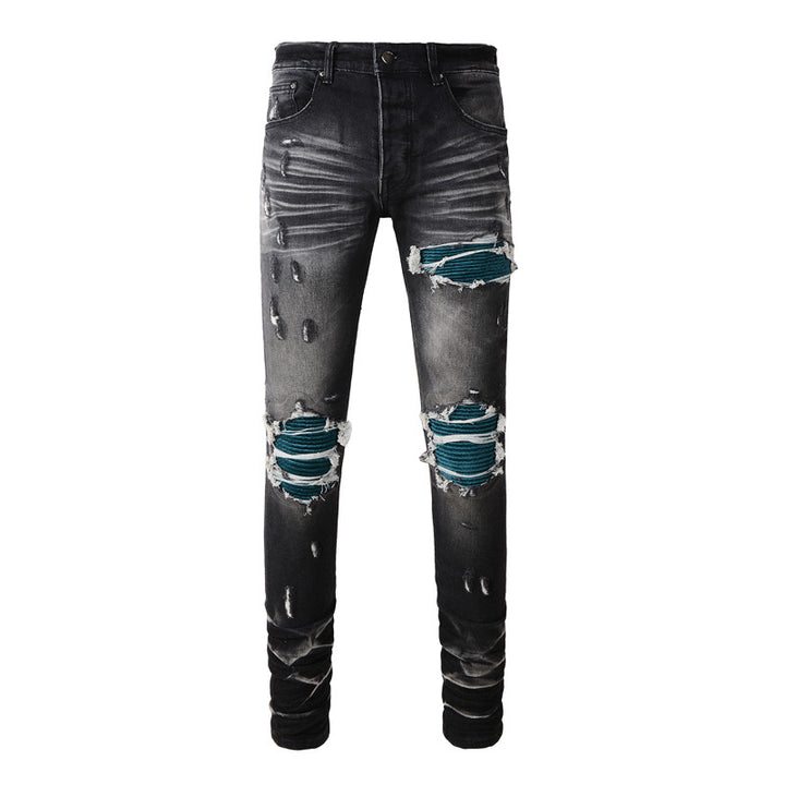 Leisure Washed-out Make Old Ripped Patch Button Jeans Q2