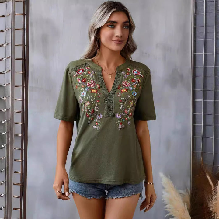 Fashion Flowers Embroidery Short Sleeve T-shirt Summer Stitching Lace-collared Blouse-Super Amazing Store