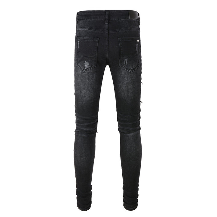 European Station High Street New Fashion Brand Leopard Print Ripped Men's Denim Trousers-Super Amazing Store