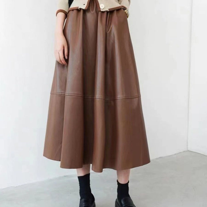 Leather Skirt Women's Mid-length A- Line High Waist Skirt - Super Amazing Store