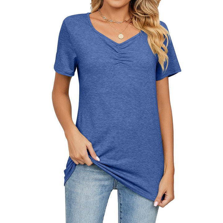 Women's Fashion V-neck Pleated Casual Solid Color Loose T-shirt - Super Amazing Store