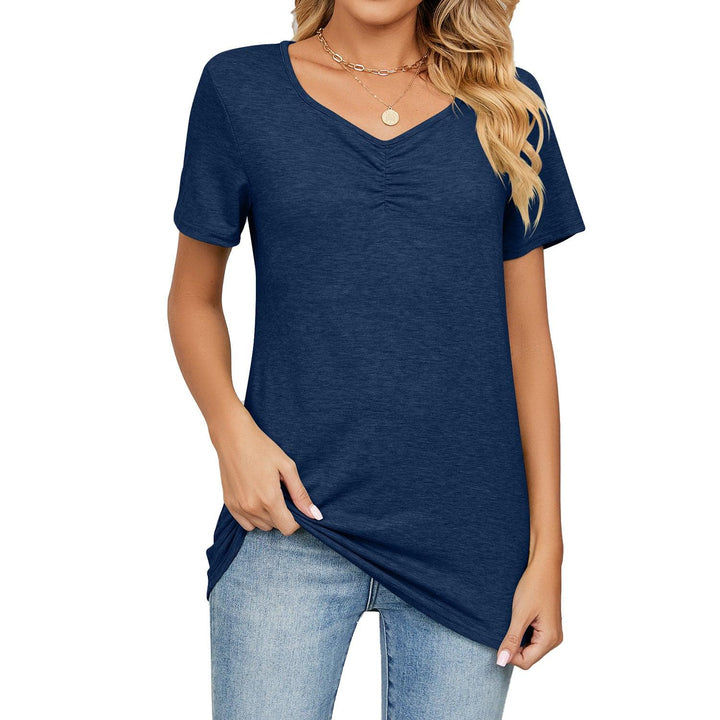 Women's Fashion V-neck Pleated Casual Solid Color Loose T-shirt - Super Amazing Store