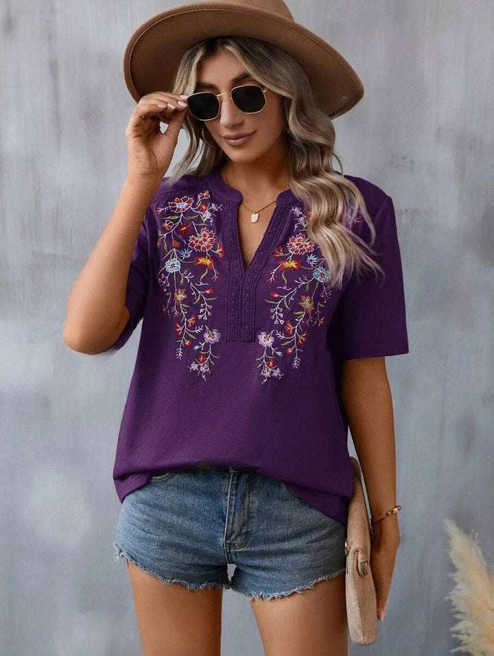 Fashion Flowers Embroidery Short Sleeve T-shirt Summer Stitching Lace-collared Blouse-Super Amazing Store