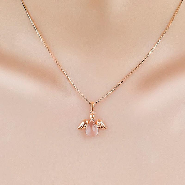 Stall Goods Korean Necklace Rose Gold Plated Synthetic Ross Quartz Pink Crystal Angel Women's Pendant Clavicle Chain Jewelry - Super Amazing Store