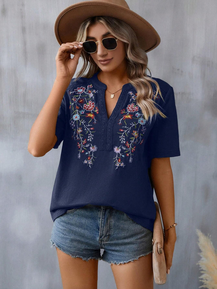 Fashion Flowers Embroidery Short Sleeve T-shirt Summer Stitching Lace-collared Blouse-Super Amazing Store