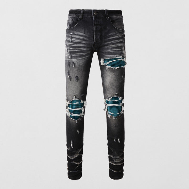 Leisure Washed-out Make Old Ripped Patch Button Jeans Q2