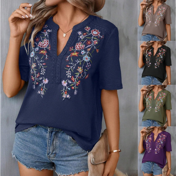 Fashion Flowers Embroidery Short Sleeve T-shirt Summer Stitching Lace-collared Blouse Q2