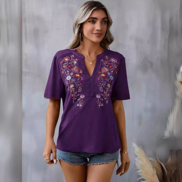 Fashion Flowers Embroidery Short Sleeve T-shirt Summer Stitching Lace-collared Blouse-Super Amazing Store