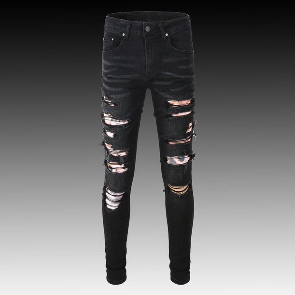 European Station High Street New Fashion Brand Leopard Print Ripped Men's Denim Trousers-Super Amazing Store