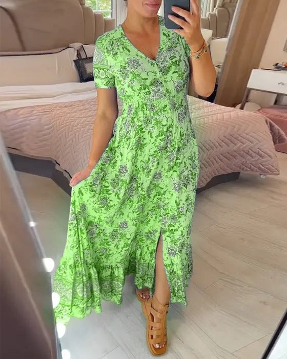 Women's Fashionable Temperament V-neck Printed Seaside Style Dress Q2