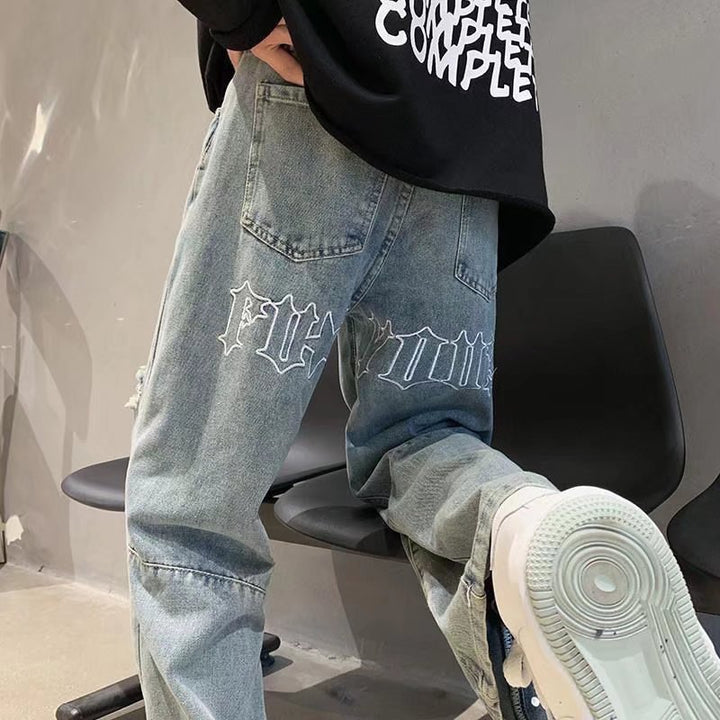 Men's Letter Embroidery Loose Straight Pants Q2