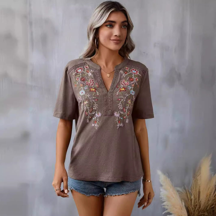 Fashion Flowers Embroidery Short Sleeve T-shirt Summer Stitching Lace-collared Blouse-Super Amazing Store