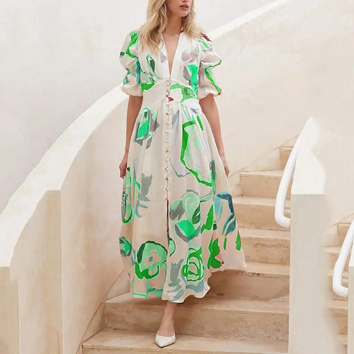 Print Dresses For Women Summer V-neck Button Short Sleeve Dress - Super Amazing Store