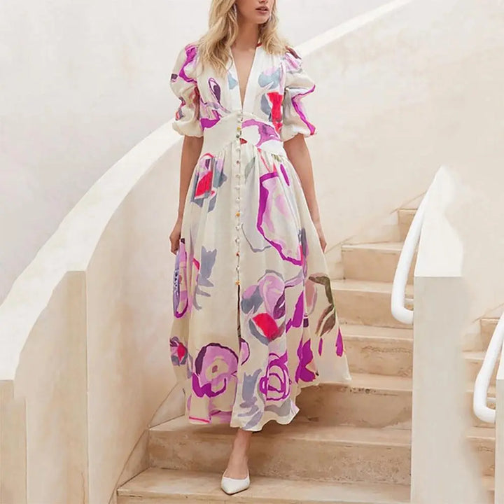 Print Dresses For Women Summer V-neck Button Short Sleeve Dress - Super Amazing Store