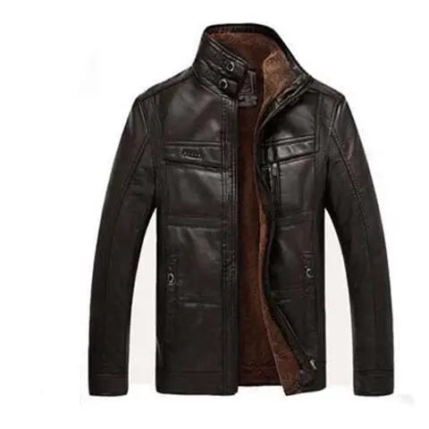 SAS Mens Leather Fur Lining Jacket Winter Faux Leather Stand Collar Thermal Coat Outwear - Super Amazing Store